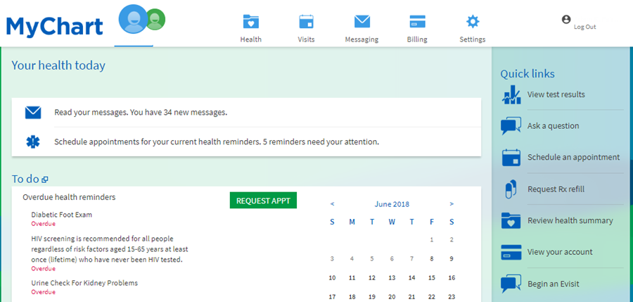 MyChart account page that outlines overdue health reminders and upcoming appointments