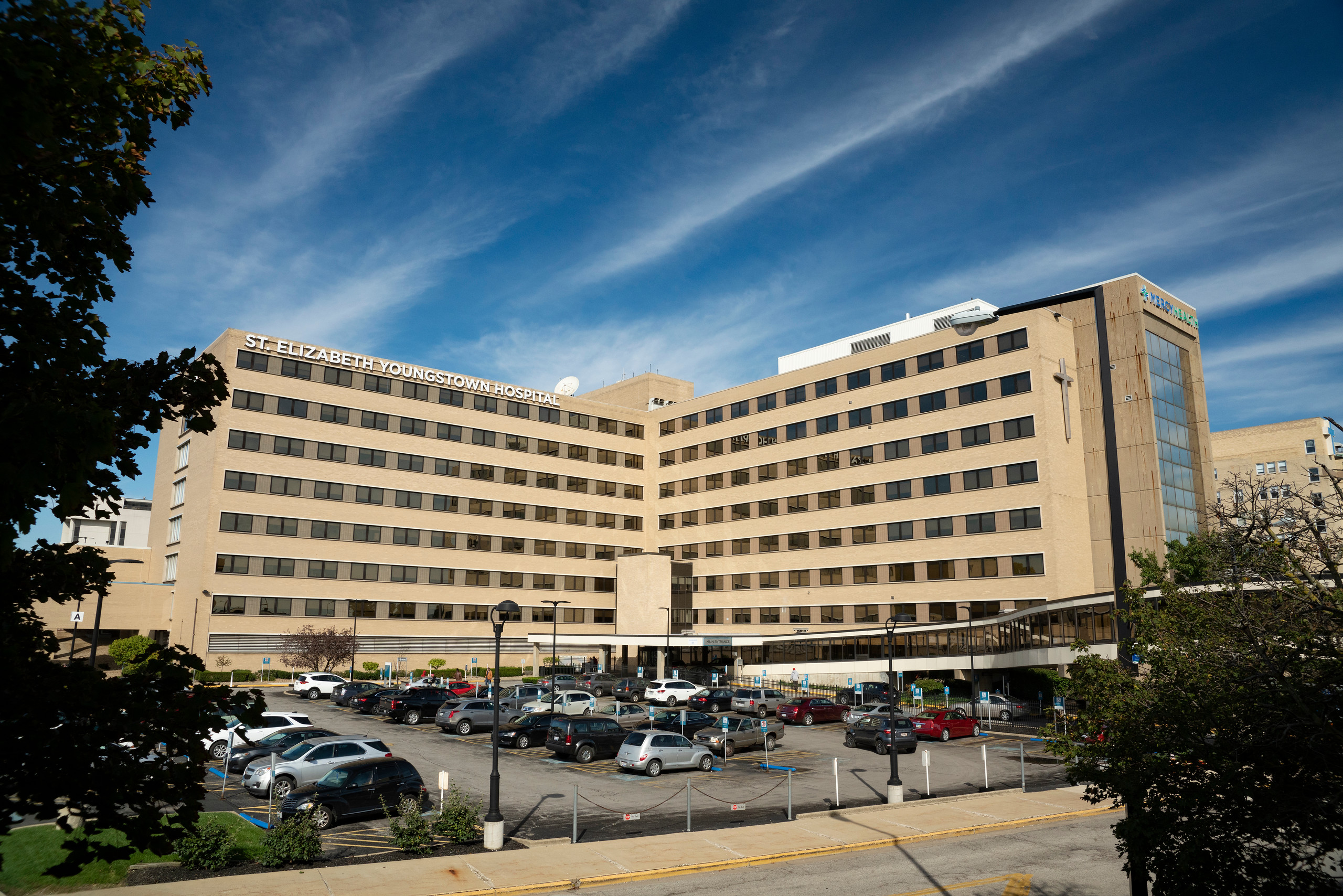 Mercy Health -- St. Elizabeth Youngstown Hospital exterior with a blue sky